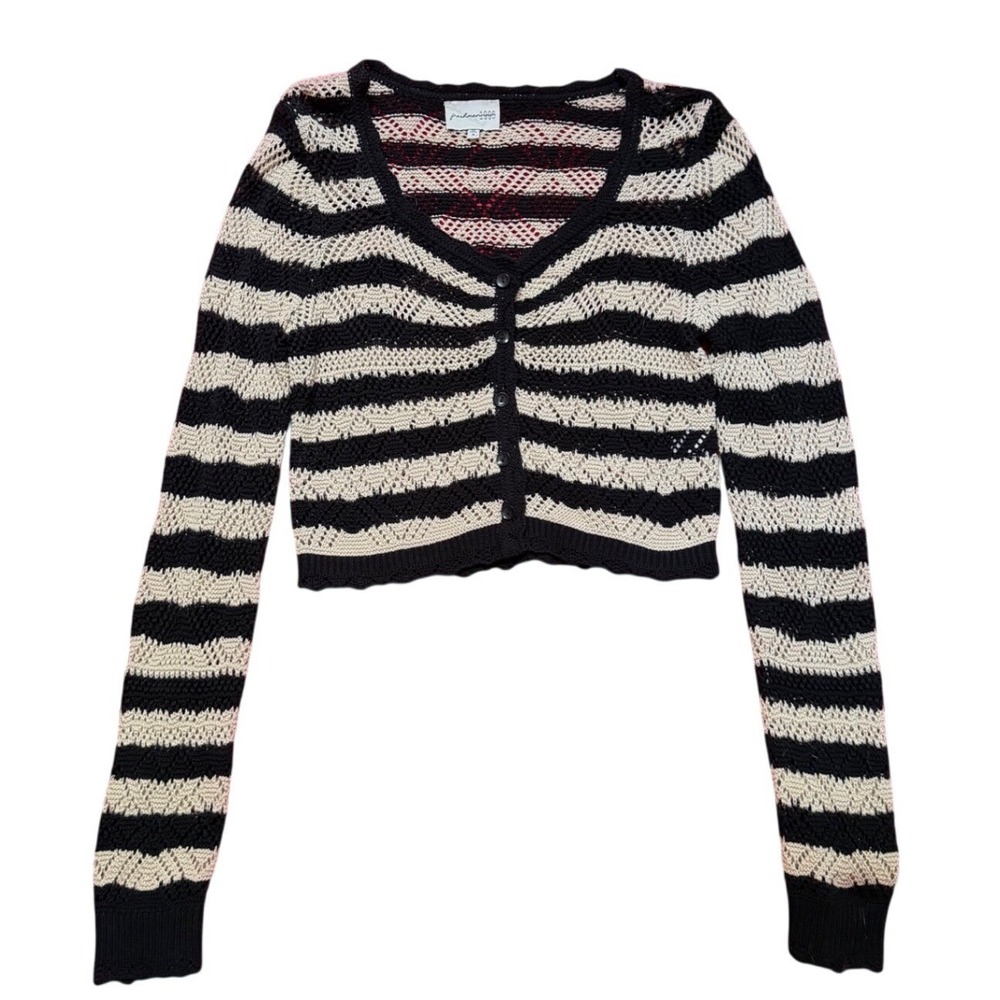 Freshman 1996 Black Cream Striped Coquette Knit Cropped Cardigan Sweater